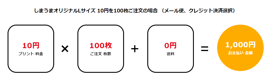 しまうまプリントで100枚注文したときの料金計算例