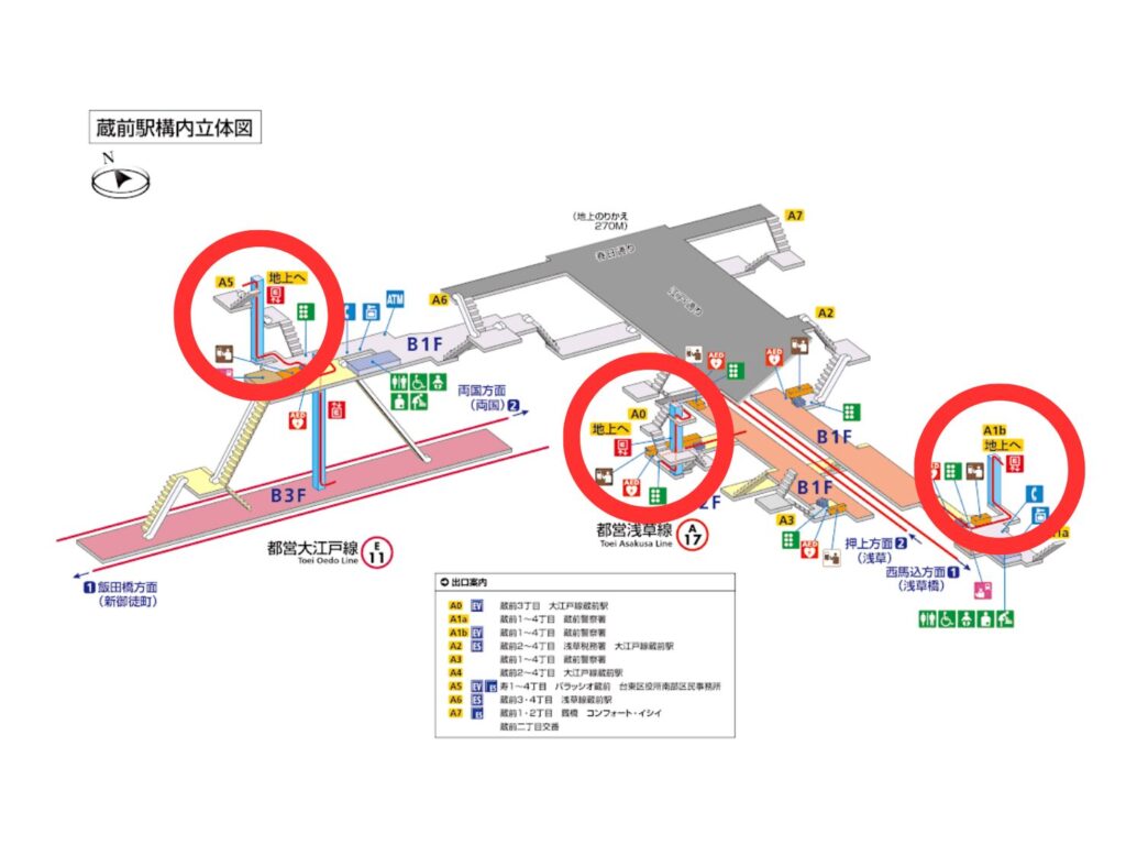 蔵前駅のA5・A0・A1b出口にある地上行きエレベーター位置を示した構内立体図