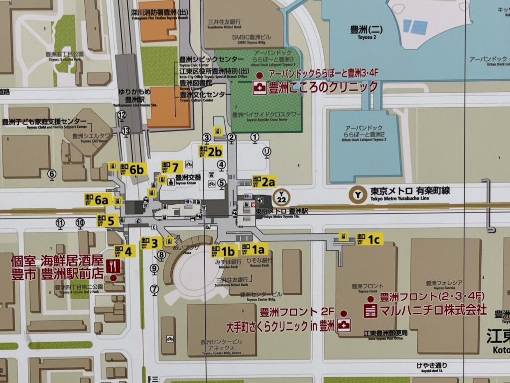 豊洲駅の1c・3・6b・7番出口を含む地上行きエレベーター位置がわかる駅周辺案内図