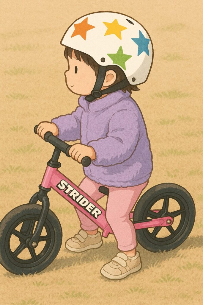 2歳後半の子どもがストライダーに乗っている様子をイラスト化したメインビジュアル。乗り姿の雰囲気が安全にわかる。