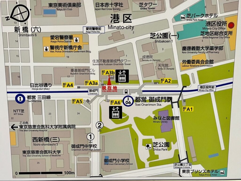 御成門駅周辺の出口案内地図。A6出口とA3b出口の位置関係や地上ルートが分かるエリアマップ。