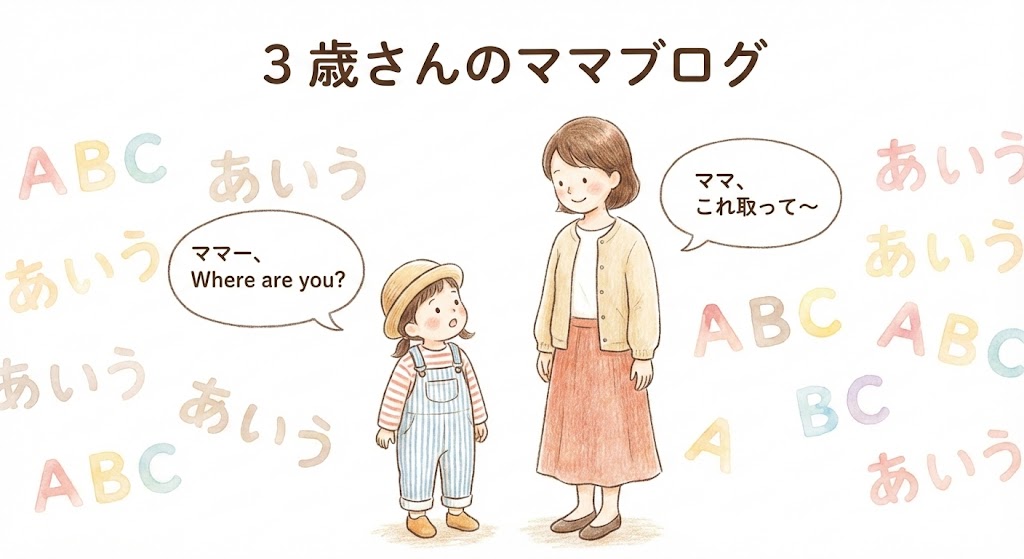 3歳の娘と言語発達をテーマにしたアイキャッチ。親子が並んで立ち、吹き出しに日本語と英語が混ざっている様子を描いたイラスト。背景にABCやひらがなが散らばり、自然な二言語環境を表現している。
