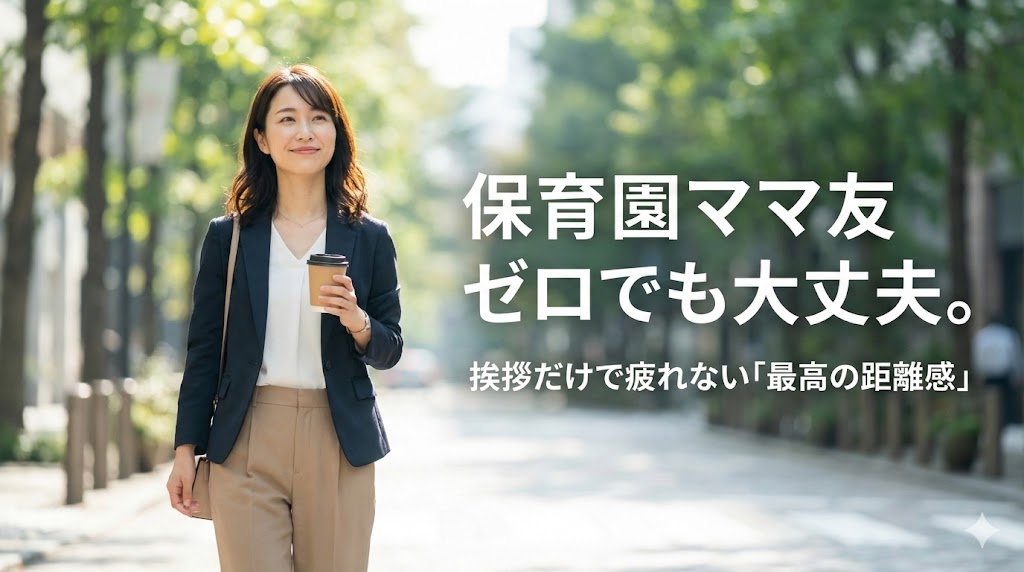 保育園の送迎後、ひとりで穏やかな表情で歩くワーキングマザー。ママ友がいなくても自立した、疲れない距離感を保つイメージ。