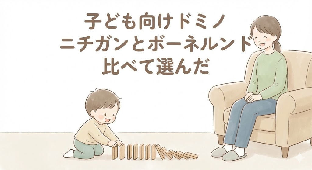 子ども向けドミノをニチガンとボーネルンドで比較して選んだ体験を表したイラスト