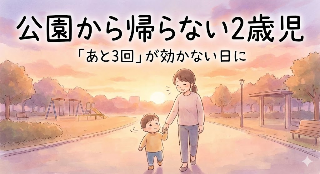 夕方の公園で2歳の子どもに声をかけながら帰ろうとする親子のイラスト
