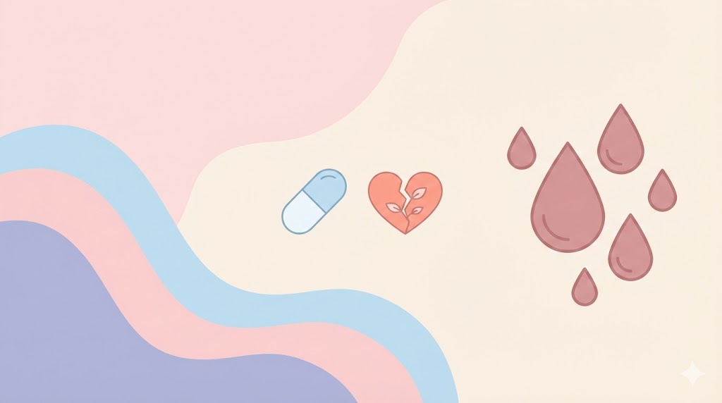 産後0〜2か月の悪露・後陣痛・薬の副作用・メンタル変化を説明する記事のアイキャッチ（抽象的な波・薬・心のアイコン）