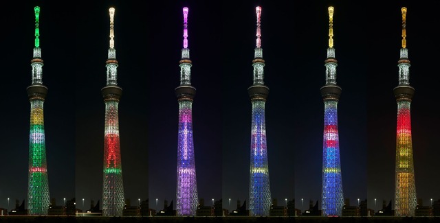 東京スカイツリーでコラボ開催時に実施される特別ライトアップの一例