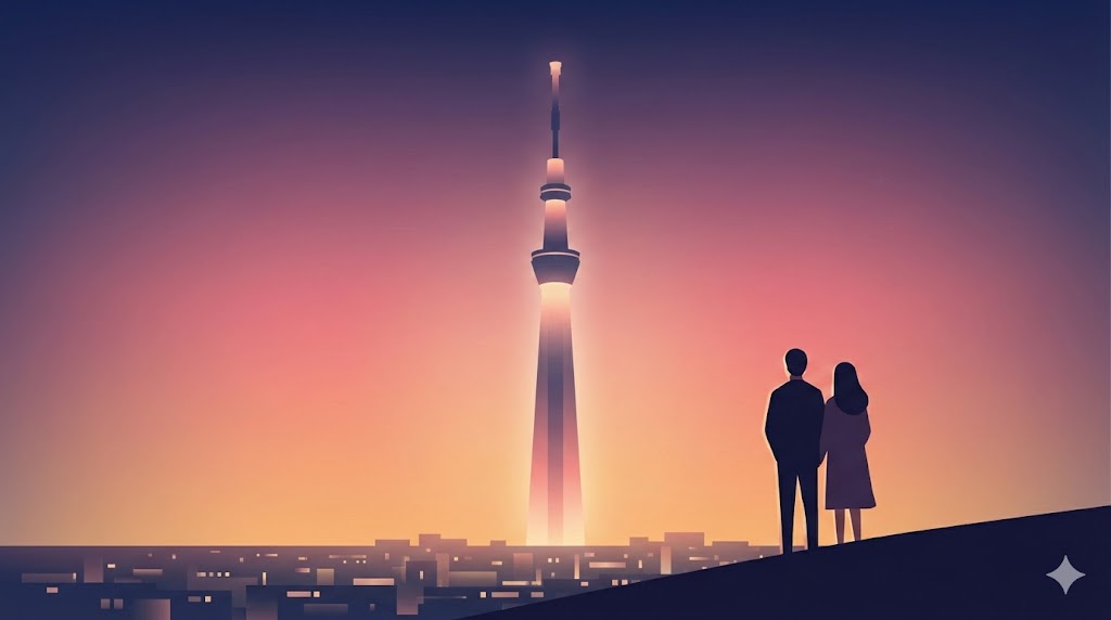 スカイツリーの夜景を楽しむカップルの抽象的イラスト