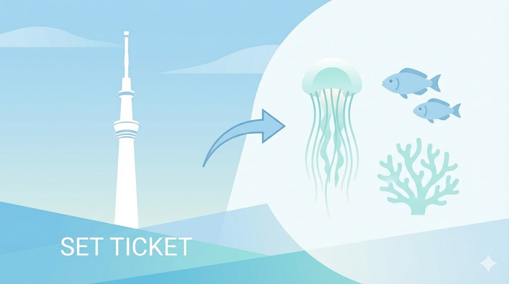 スカイツリーとすみだ水族館セットをイメージした抽象的イラスト