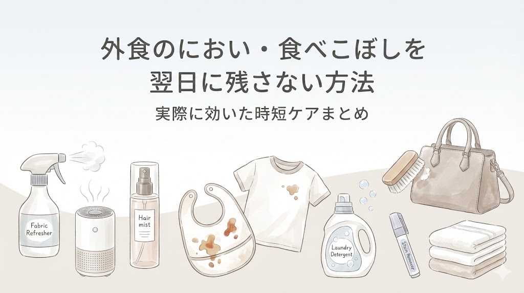 外食のにおいと子どもの食べこぼし対策をまとめた記事用アイキャッチ。消臭スプレーやスタイ、衣類の汚れなどをやさしいイラストで表現した画像。