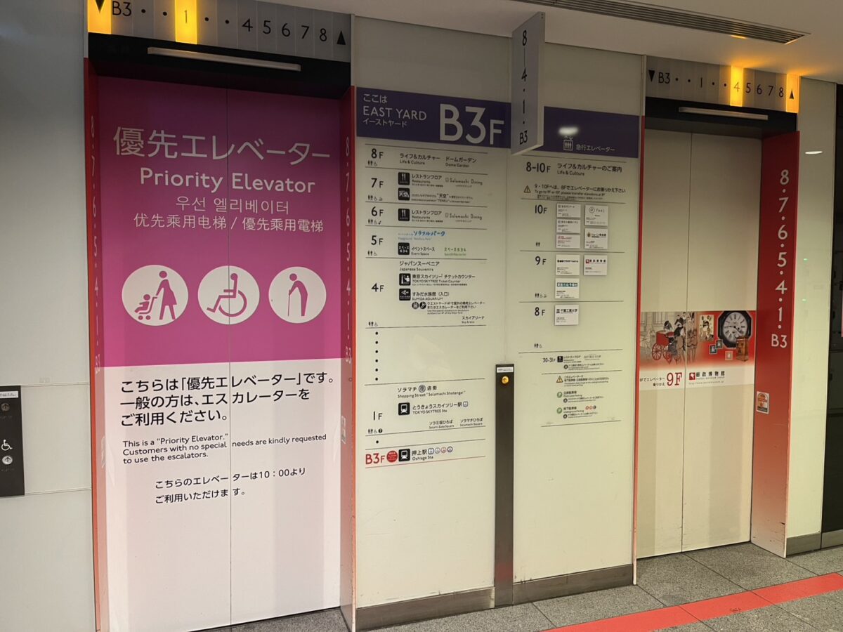 ソラマチエレベーターの案内表示|奥の2台はB1・2・3階を通過して時短できる