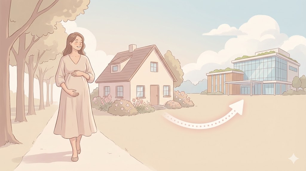 自宅から病院までの距離が近い安心感を表現した、妊婦さんが家から病院へ向かう柔らかいイラスト