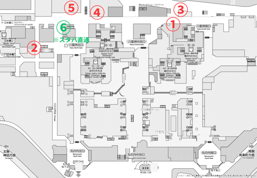 東京駅八重洲口 改札外エレベーター位置マップ(地下1階ヤエチカ方面)